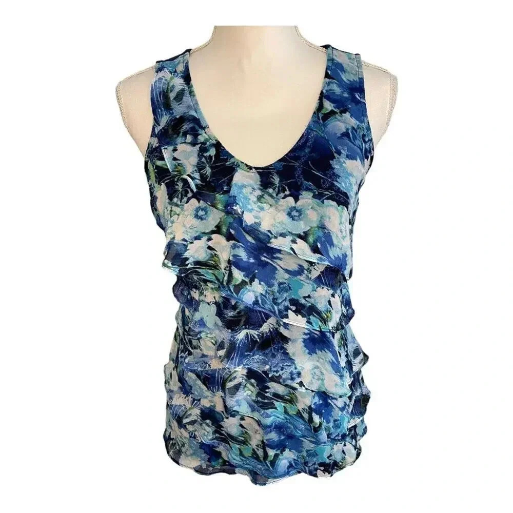 White House Black Market Women’s XS Blue Tiered Ruffled Sleeveless Blouse